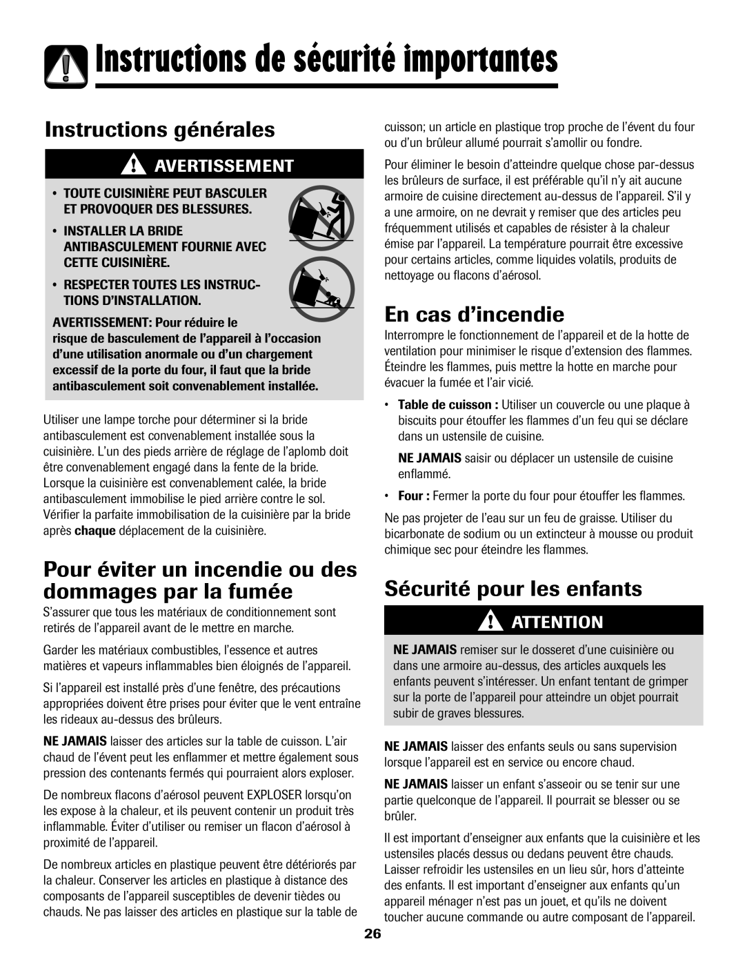 Amana 500 manual Instructions générales, En cas d’incendie, Pour éviter un incendie ou des dommages par la fumée 