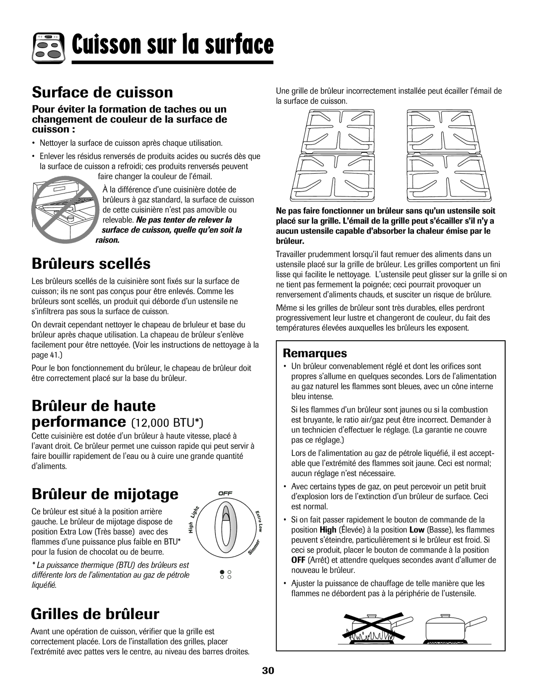 Amana 500 manual Surface de cuisson, Brûleurs scellés, Brûleur de haute, Brûleur de mijotage, Grilles de brûleur 