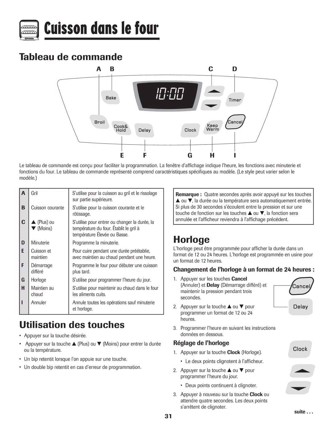 Amana 500 manual Cuisson dans le four, Tableau de commande, Utilisation des touches, Horloge 