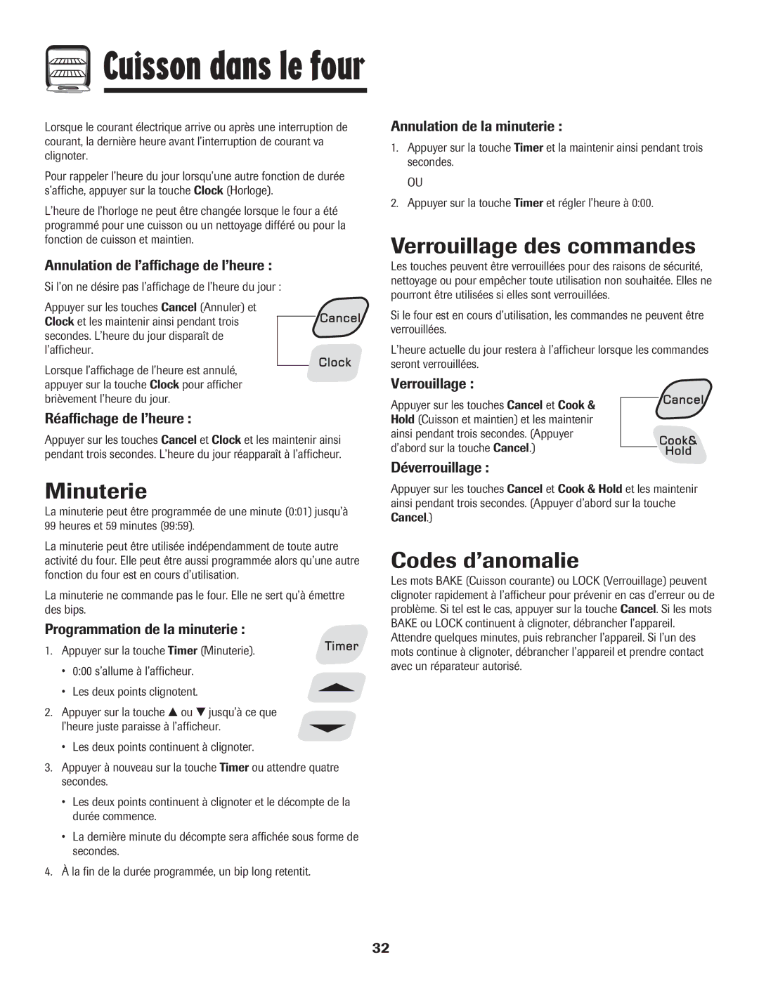 Amana 500 manual Minuterie, Verrouillage des commandes, Codes d’anomalie 