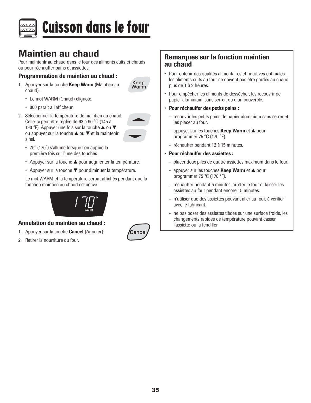 Amana 500 manual Maintien au chaud, Remarques sur la fonction maintien au chaud, Programmation du maintien au chaud 