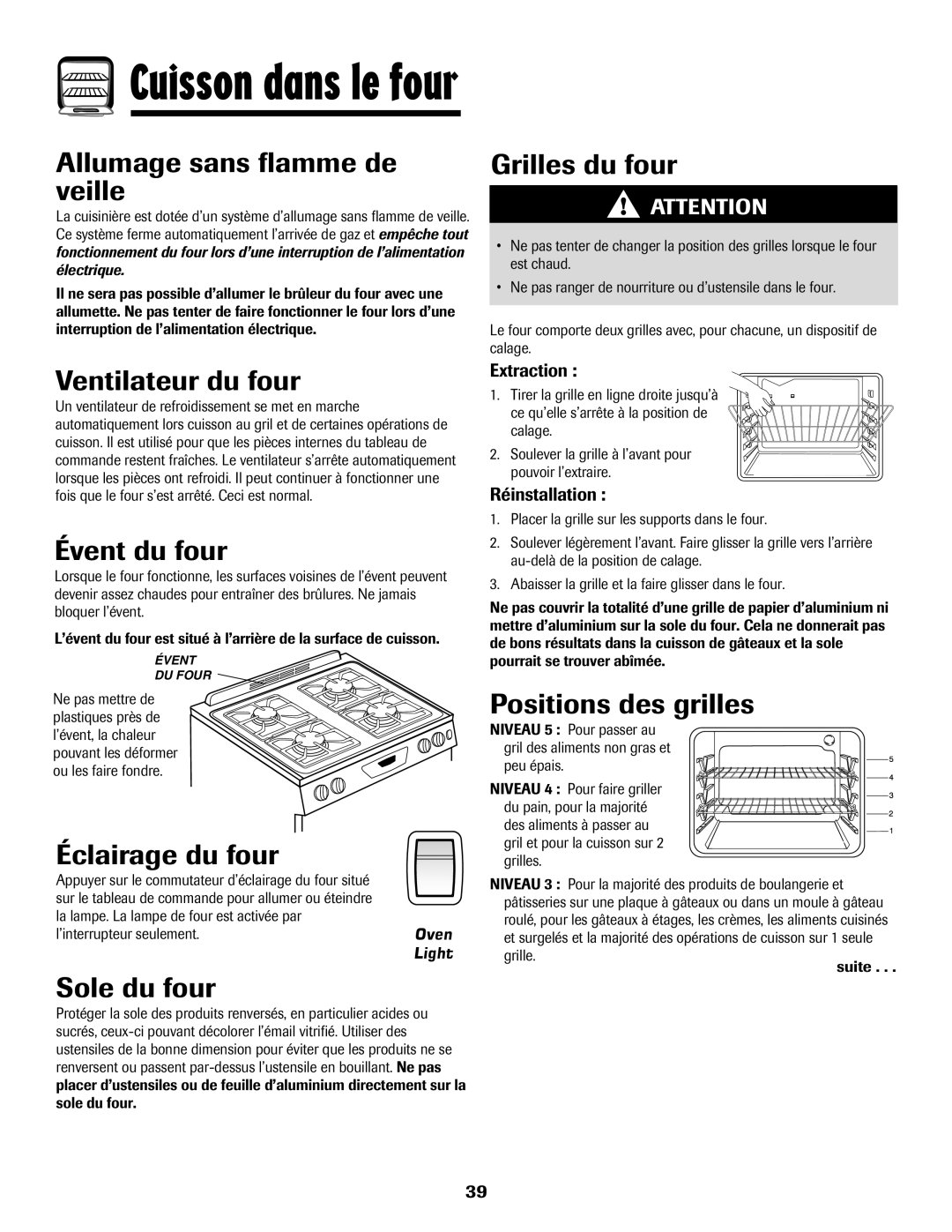 Amana 500 manual Allumage sans flamme de veille, Ventilateur du four, Évent du four, Éclairage du four, Sole du four 