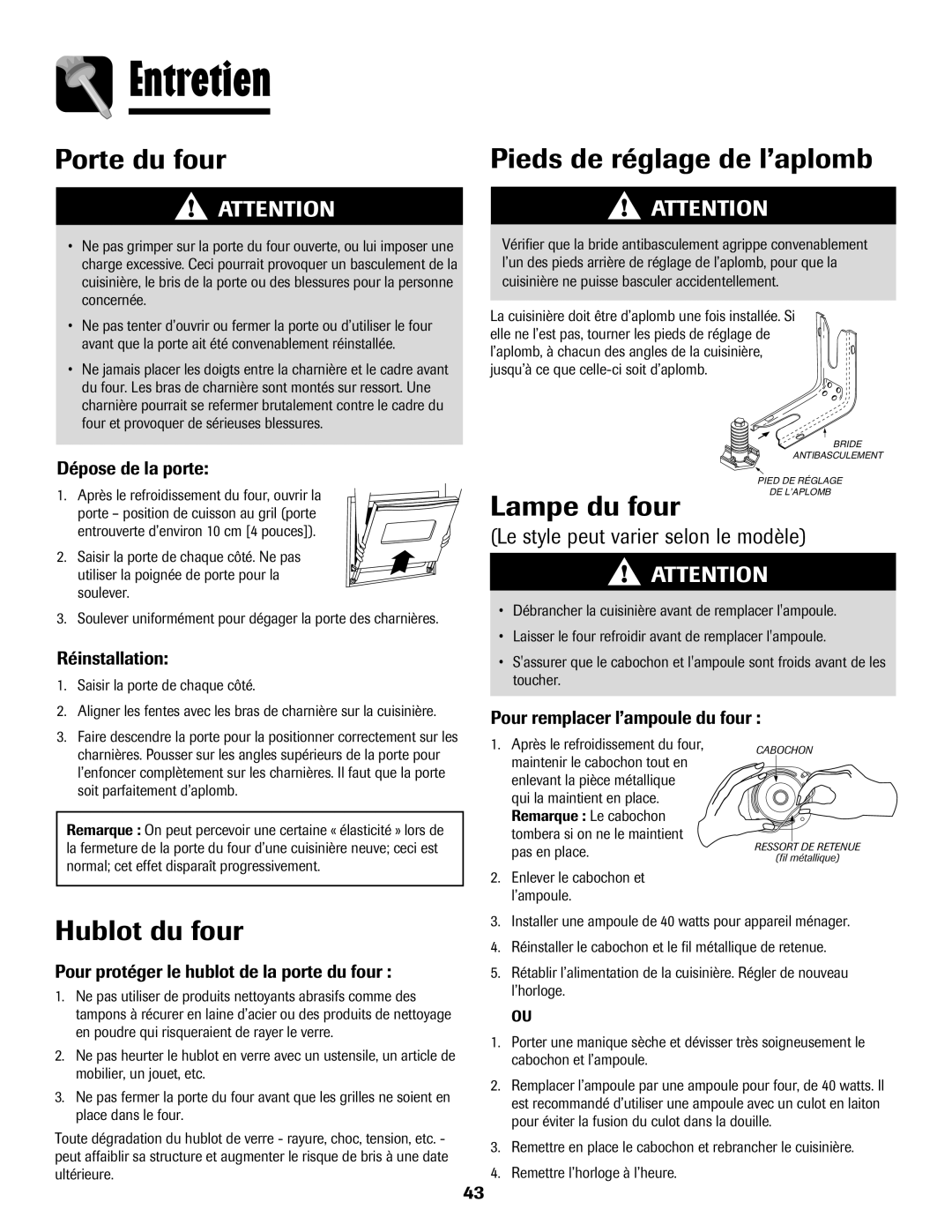 Amana 500 manual Entretien, Porte du four, Pieds de réglage de l’aplomb, Lampe du four, Hublot du four 