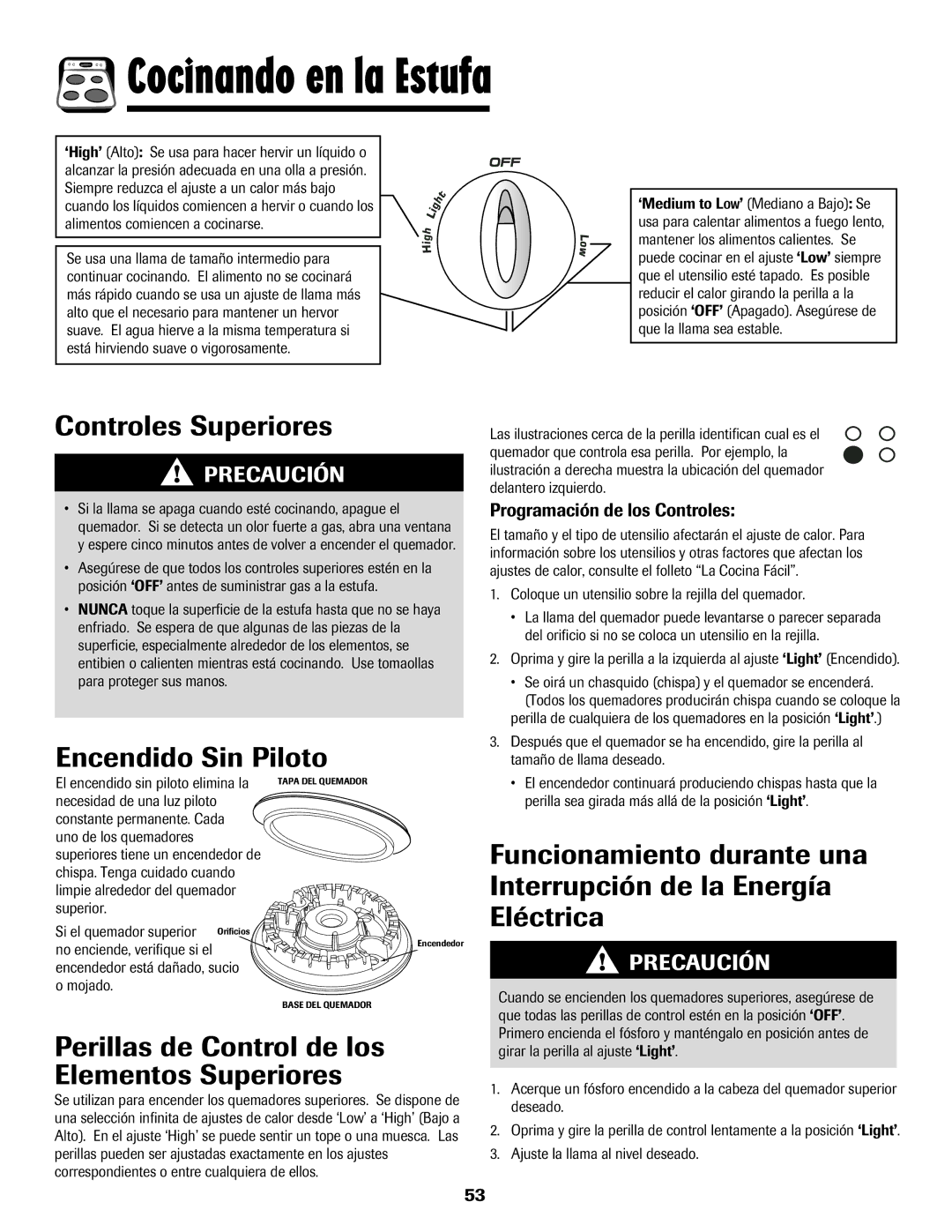 Amana 500 manual Cocinando en la Estufa, Controles Superiores, Encendido Sin Piloto, Programación de los Controles 