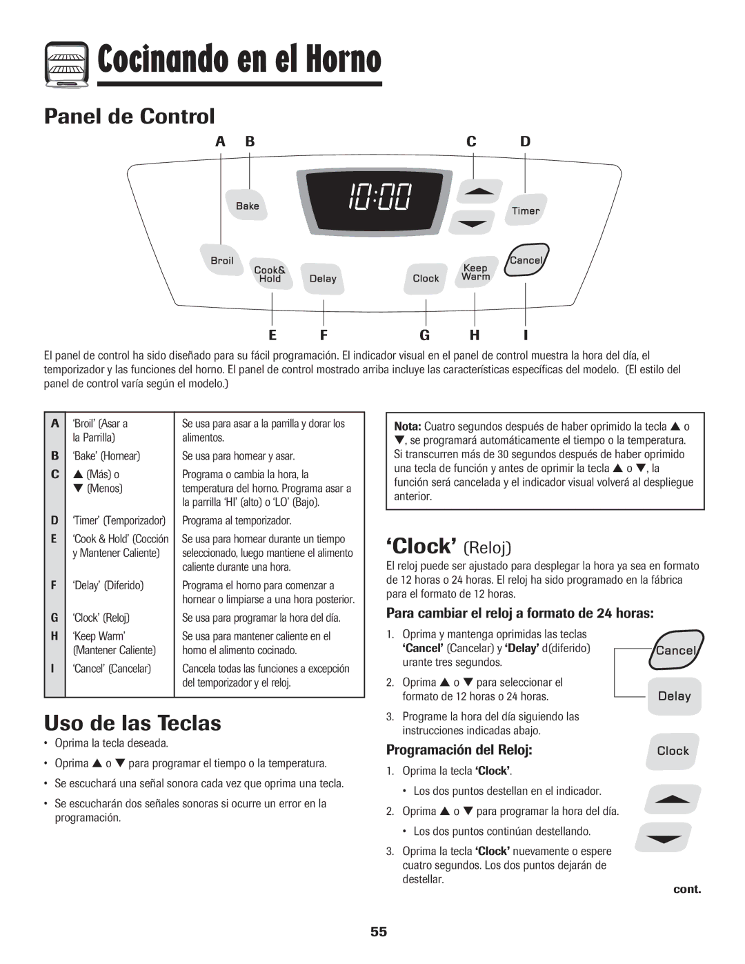 Amana 500 manual Cocinando en el Horno, Panel de Control, Uso de las Teclas, ‘Clock’ Reloj 