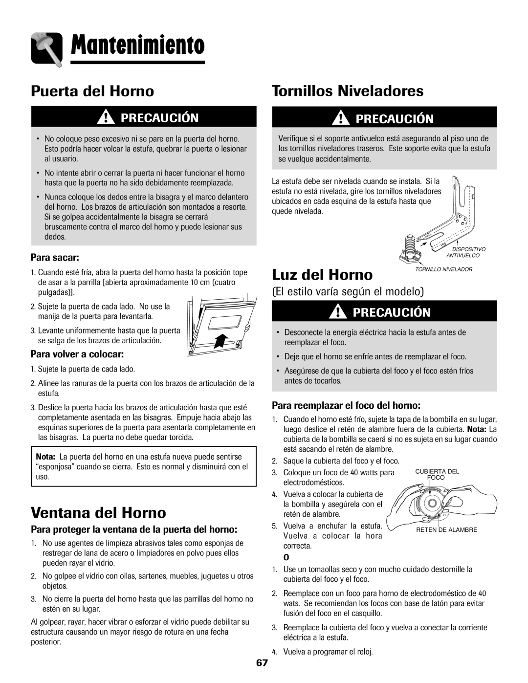 Amana 500 manual Mantenimiento, Puerta del Horno, Tornillos Niveladores, Luz del Horno, Ventana del Horno 