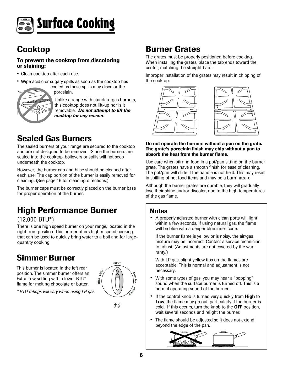 Amana 500 manual Cooktop, Burner Grates, Sealed Gas Burners, High Performance Burner, Simmer Burner 