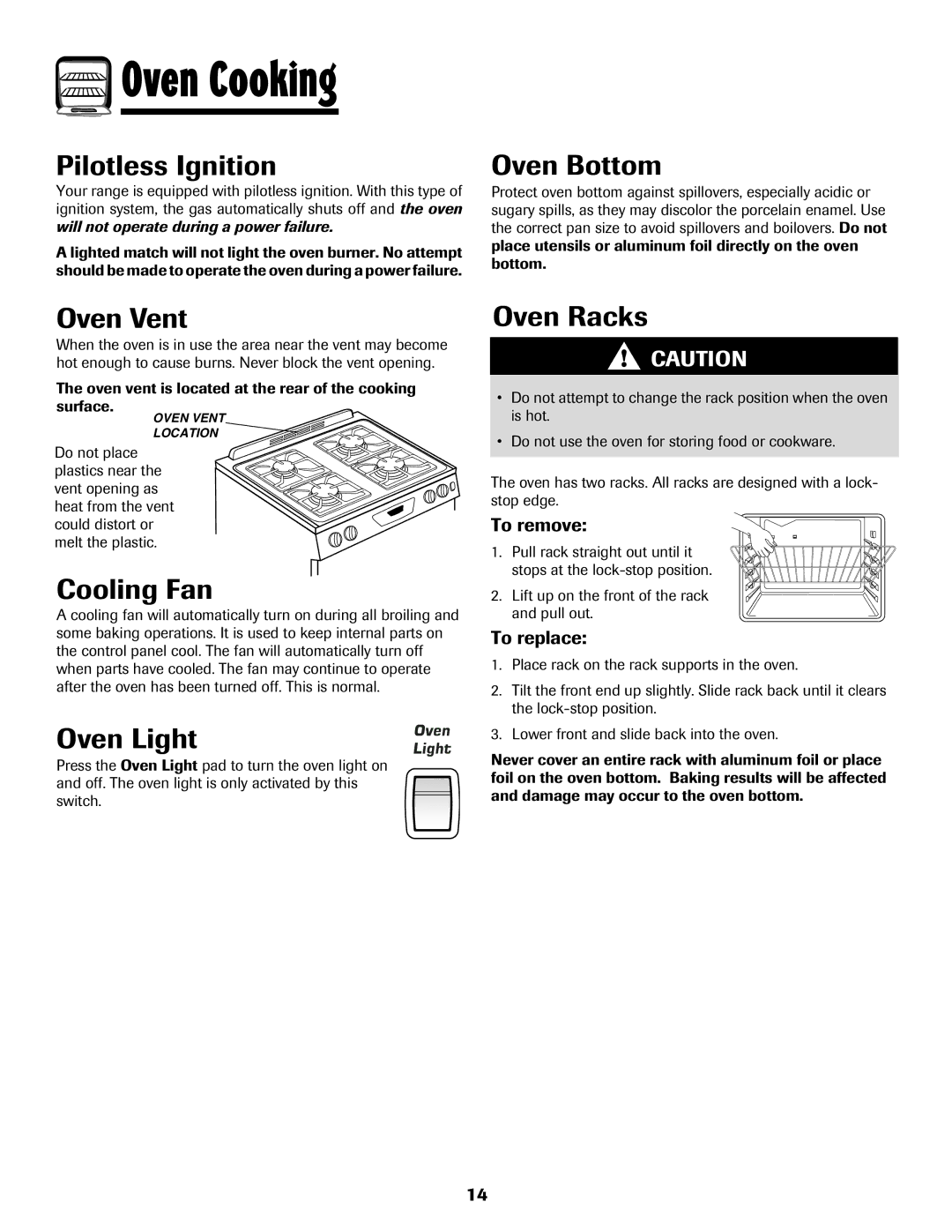 Amana 500 important safety instructions Oven Bottom, Oven Vent, Cooling Fan, Oven Light, Oven Racks 