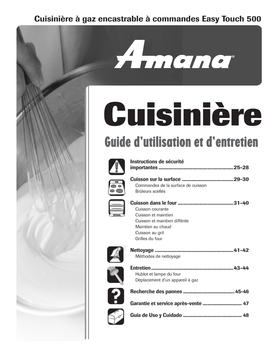 Amana 500 important safety instructions Cuisinière à gaz encastrable à commandes Easy Touch 