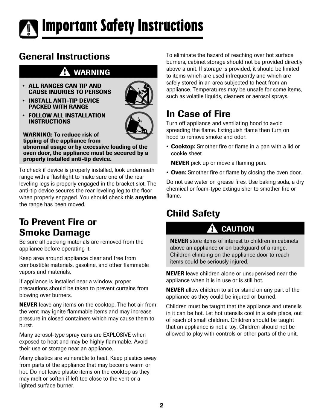 Amana 500 Important Safety Instructions, General Instructions, Case of Fire, To Prevent Fire or Smoke Damage, Child Safety 