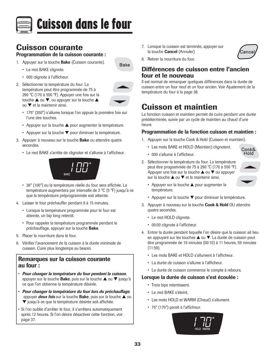 Amana 500 important safety instructions Cuisson courante, Cuisson et maintien, Remarques sur la cuisson courante au four 