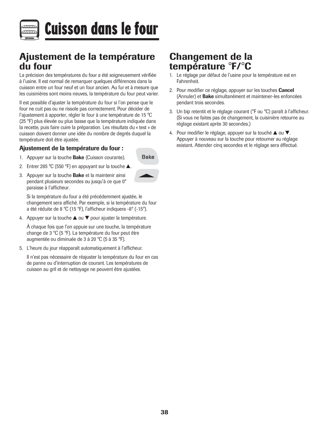 Amana 500 important safety instructions Ajustement de la température du four, Changement de la température F/C 