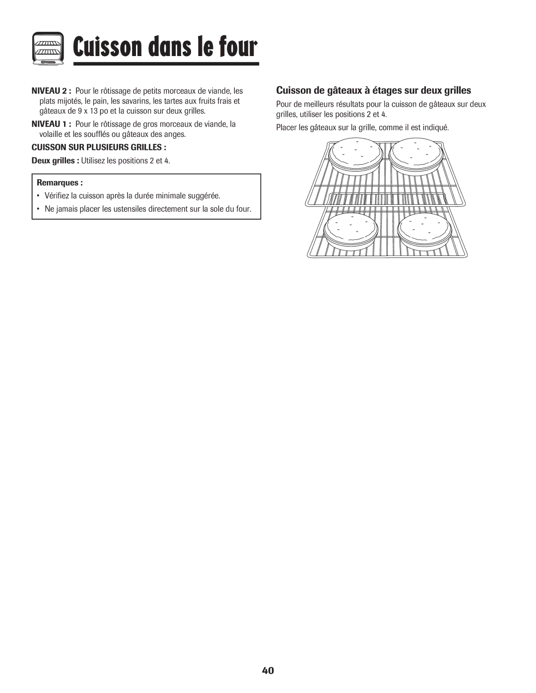 Amana 500 important safety instructions Cuisson de gâteaux à étages sur deux grilles, Cuisson SUR Plusieurs Grilles 