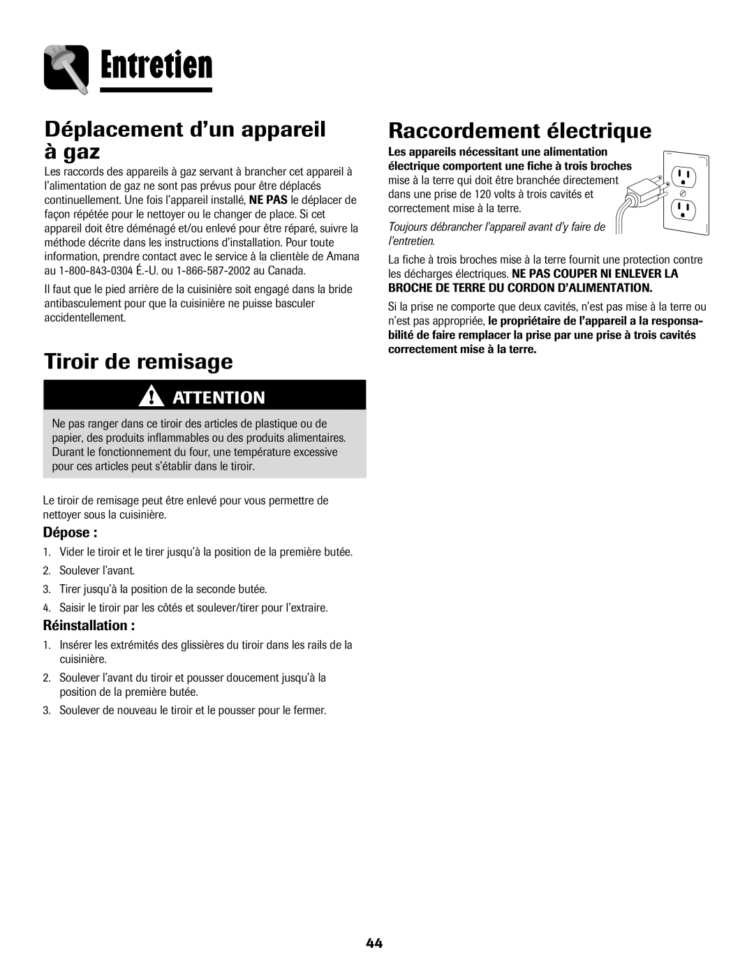 Amana 500 Déplacement d’un appareil à gaz, Tiroir de remisage, Raccordement électrique, Dépose 