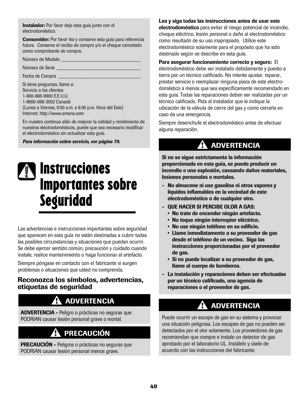 Amana 500 important safety instructions Instrucciones, Seguridad, Canadá 