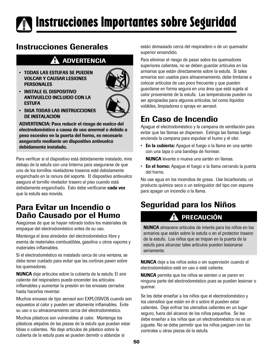 Amana 500 Instrucciones Generales, En Caso de Incendio, Para Evitar un Incendio o Daño Causado por el Humo 