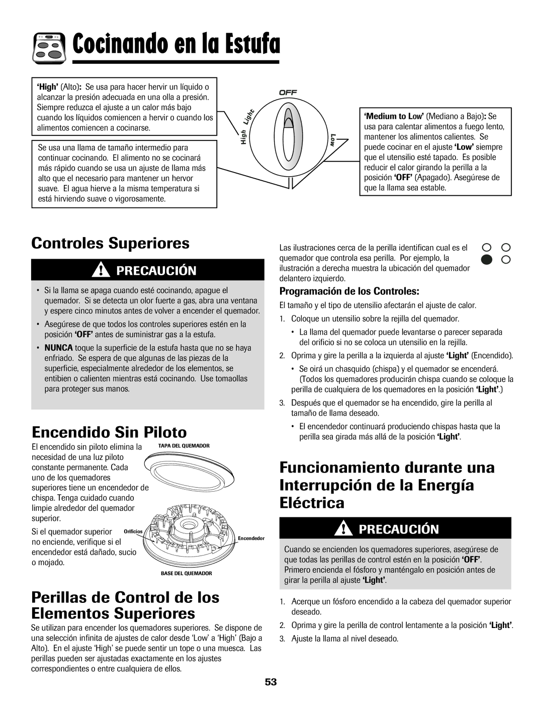 Amana 500 Cocinando en la Estufa, Controles Superiores, Encendido Sin Piloto, Programación de los Controles 