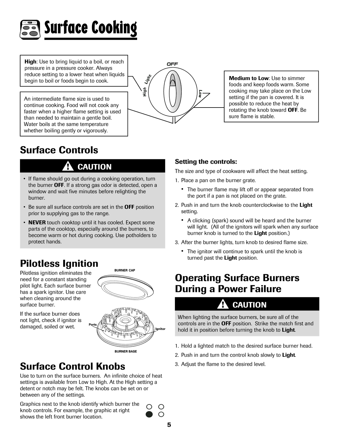 Amana 500 important safety instructions Surface Cooking, Surface Controls, Pilotless Ignition, Surface Control Knobs 