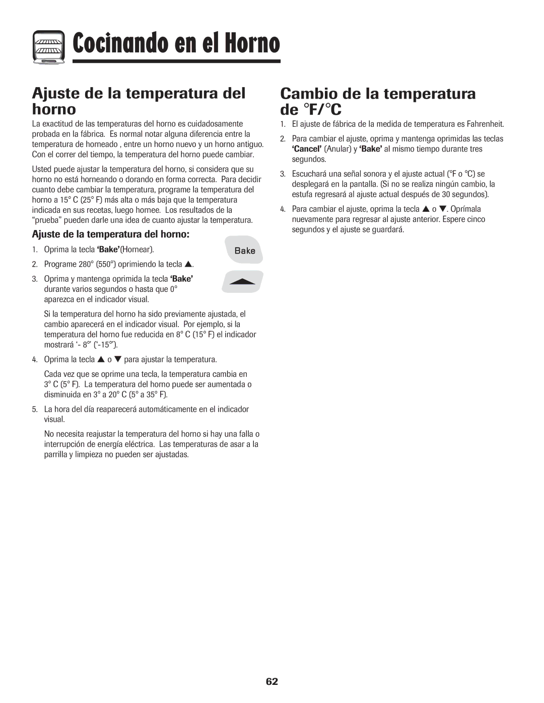 Amana 500 important safety instructions Ajuste de la temperatura del horno, Cambio de la temperatura de F/C 