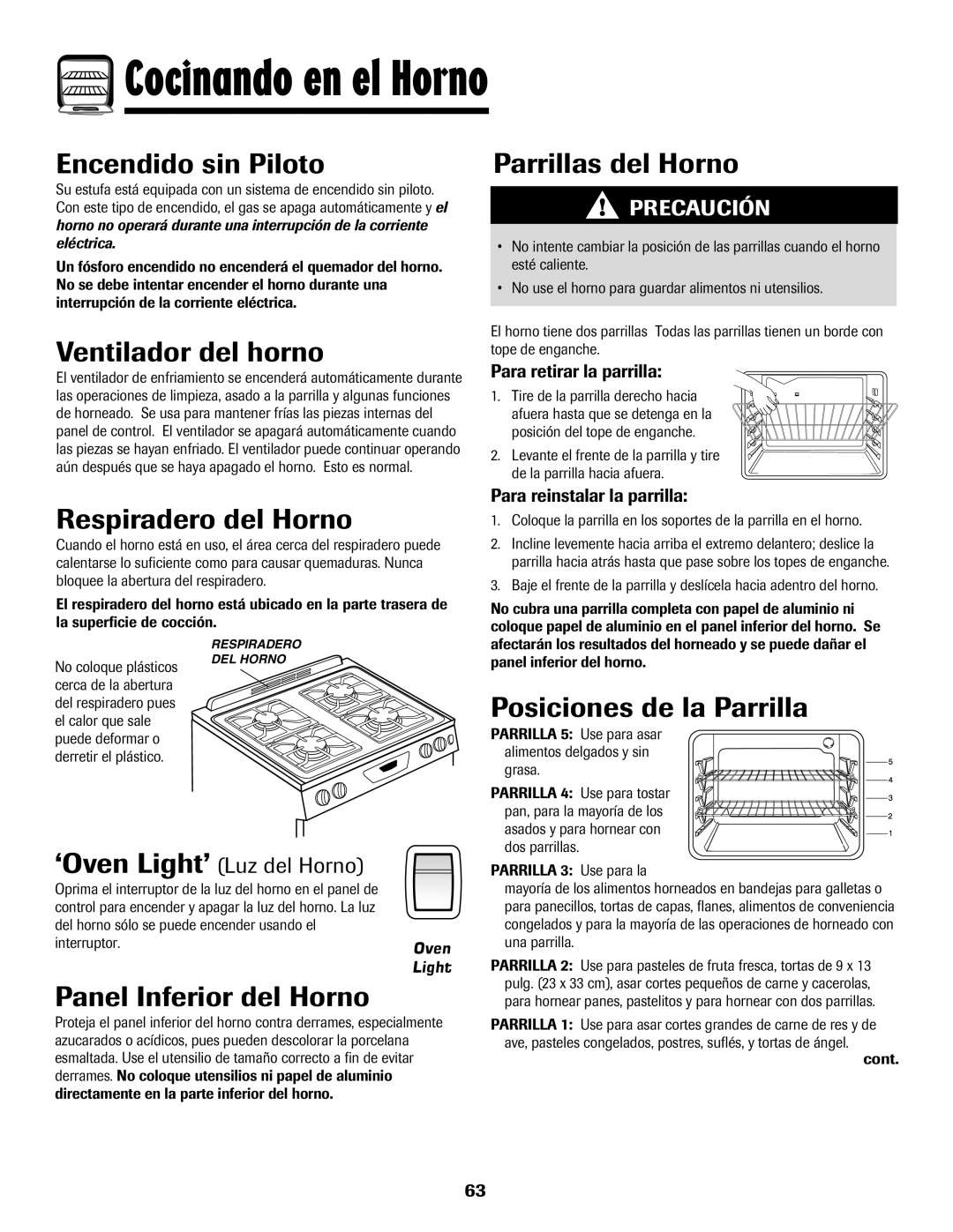 Amana 500 Ventilador del horno, Parrillas del Horno, Respiradero del Horno, Posiciones de la Parrilla 