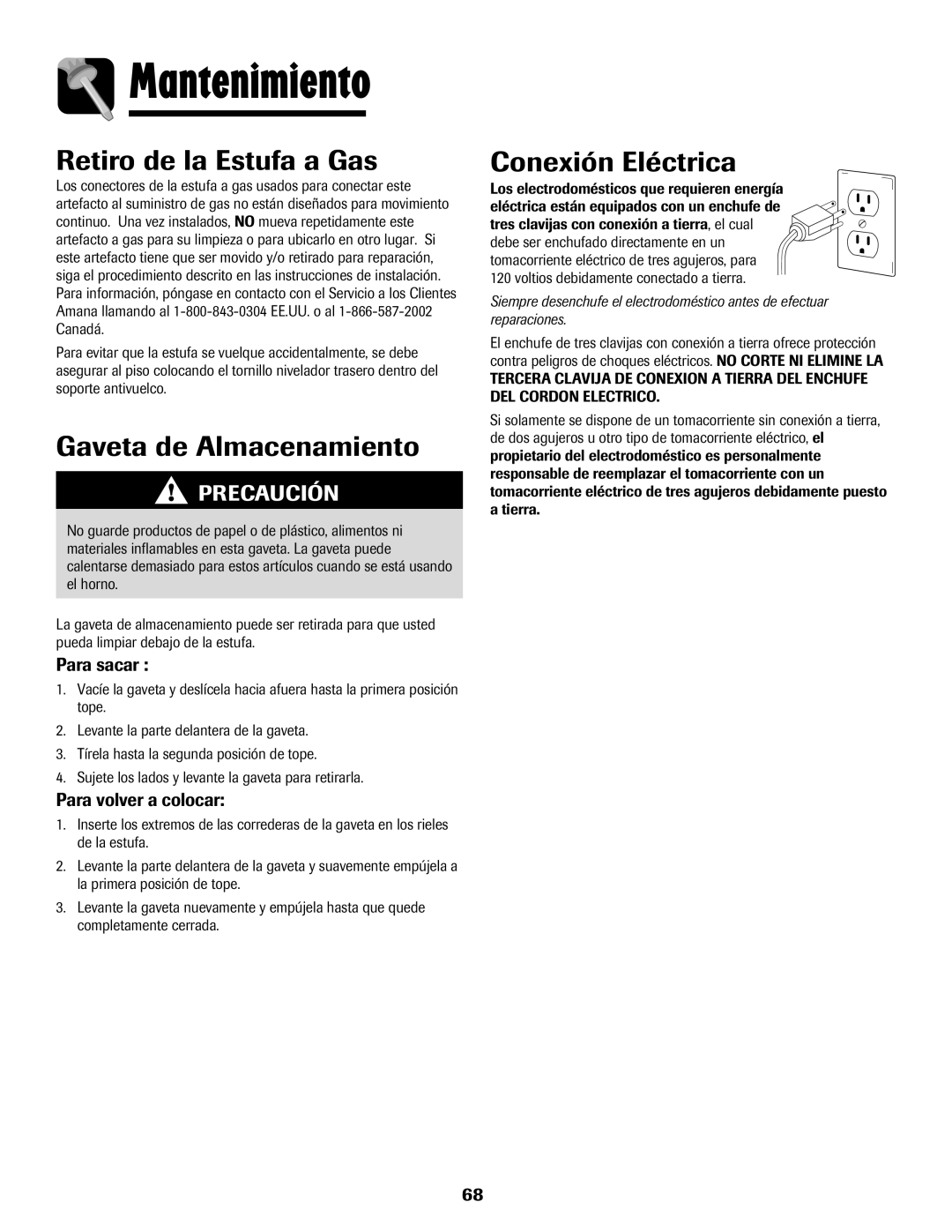 Amana 500 important safety instructions Retiro de la Estufa a Gas, Gaveta de Almacenamiento, Conexión Eléctrica 