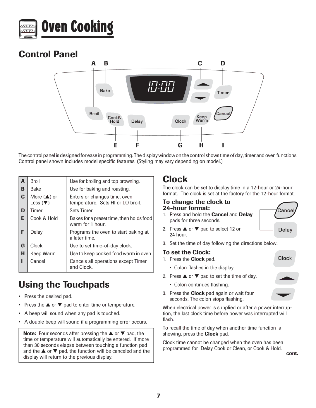 Amana 500 important safety instructions Oven Cooking, Control Panel, Using the Touchpads, Clock, Bc D Fg H 