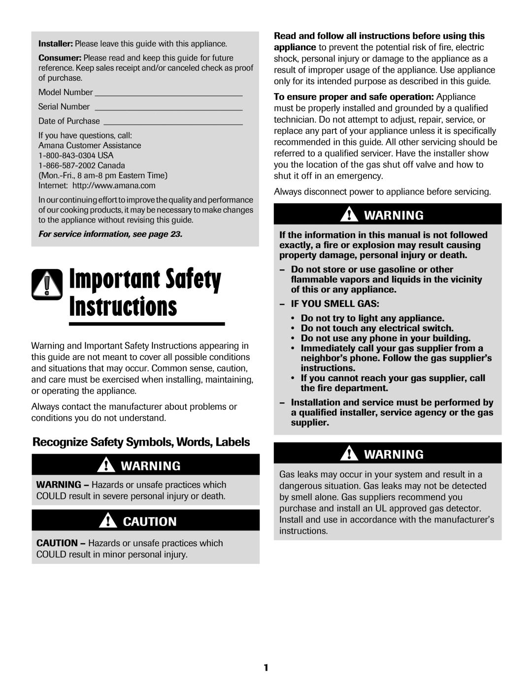 Amana 500 manual Instructions, Important Safety, Recognize Safety Symbols, Words, Labels 