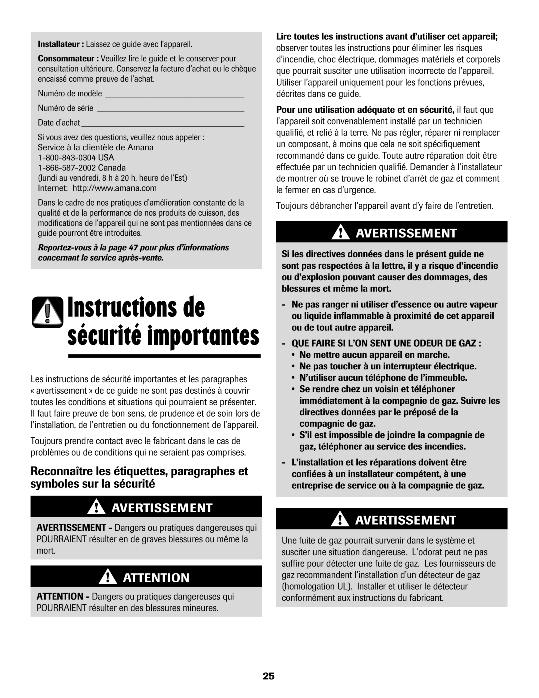 Amana 500 manual Avertissement, Instructions de sécurité importantes 