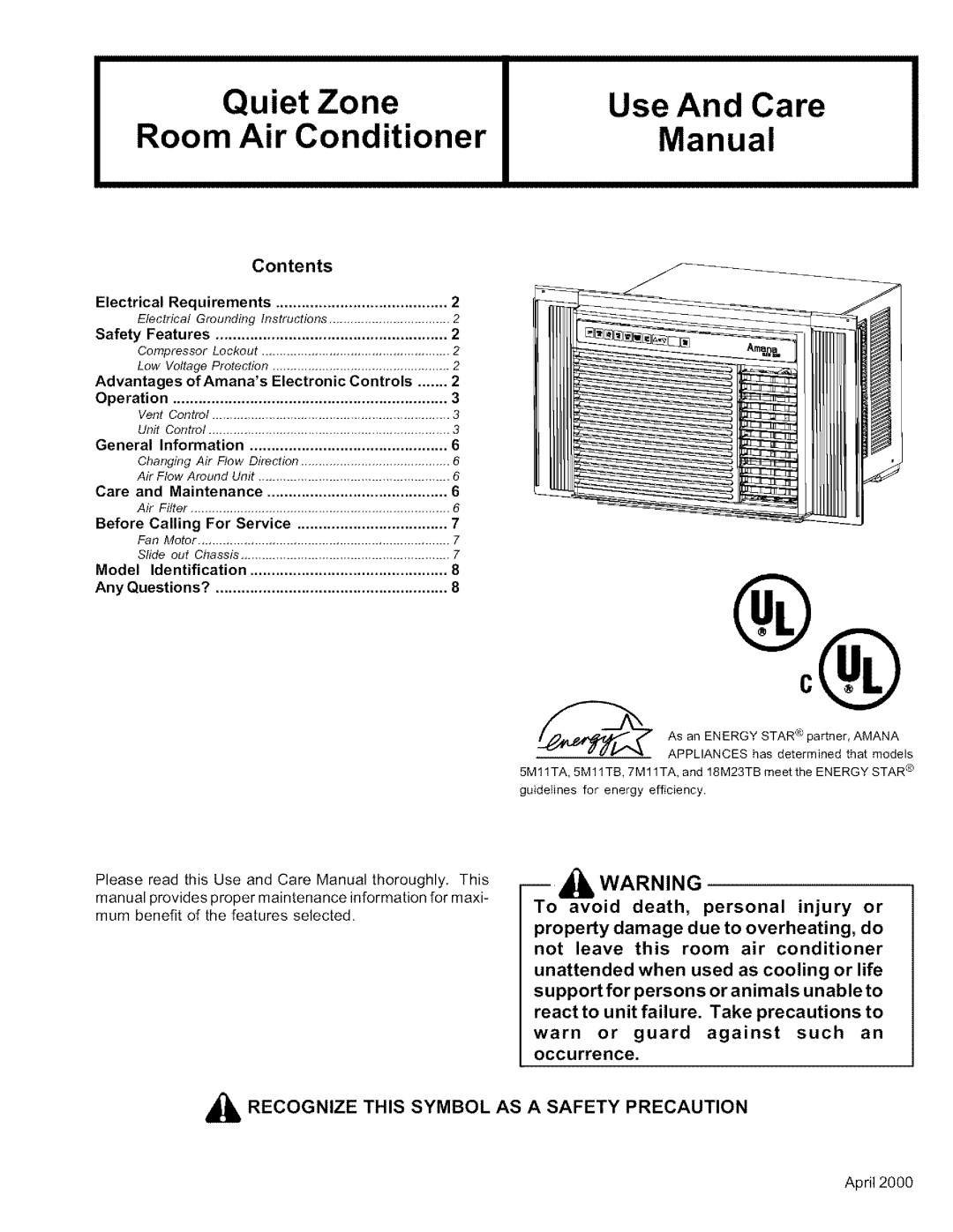 Amana 5M11TB, 5M11TA, 7M11TA, 18M23TB manual Quiet Zone Use And Care Room Air Conditioner Manual 