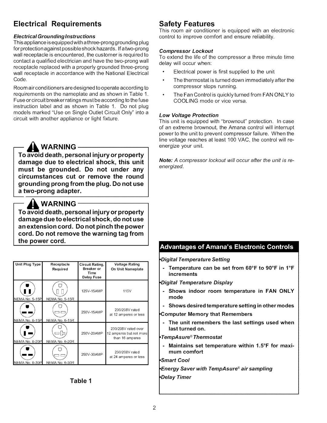 Amana 7M11TA, 5M11TA, 5M11TB, 18M23TB manual Electrical Requirements, Safety Features 