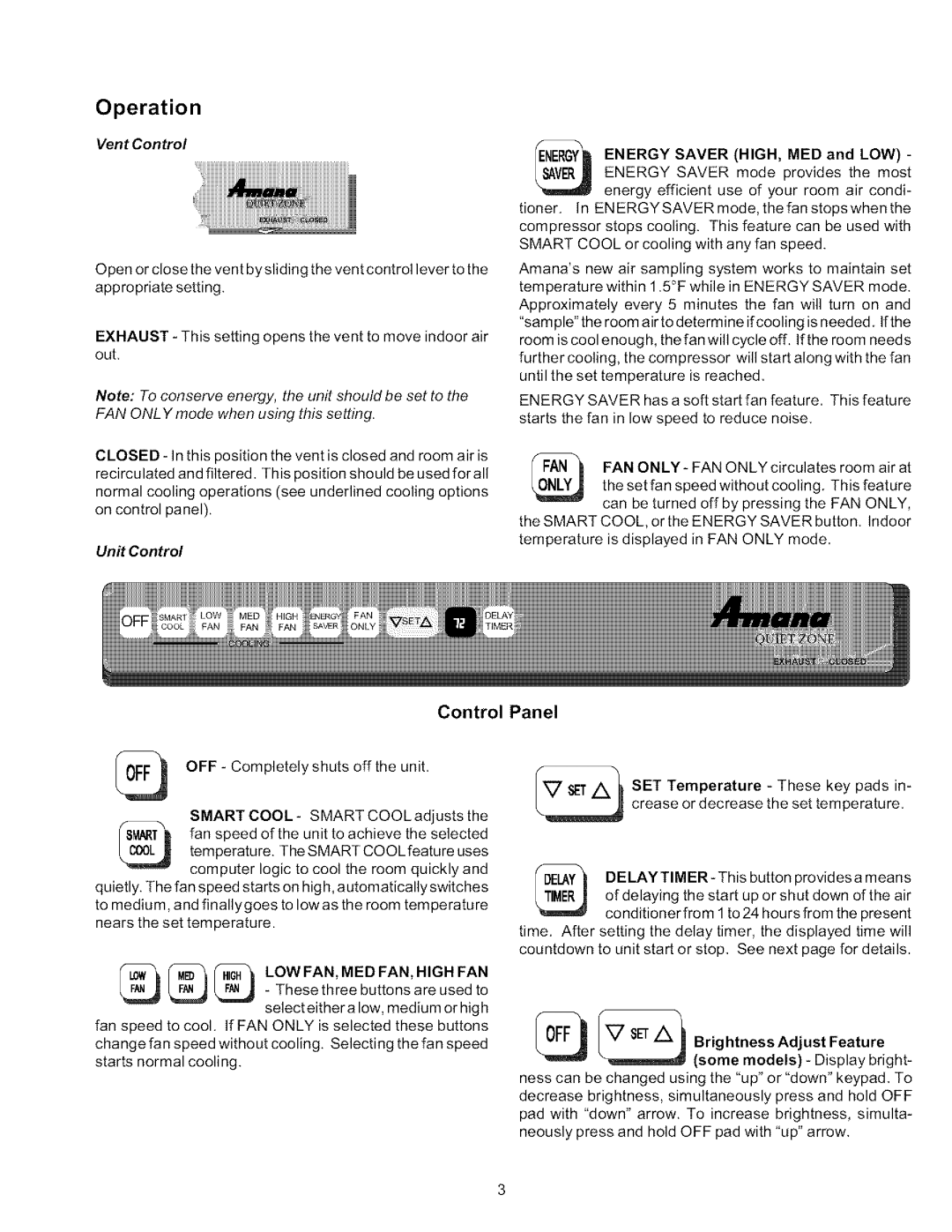 Amana 18M23TB, 5M11TA, 5M11TB, 7M11TA manual Operation, Vent Control, Unit Control 