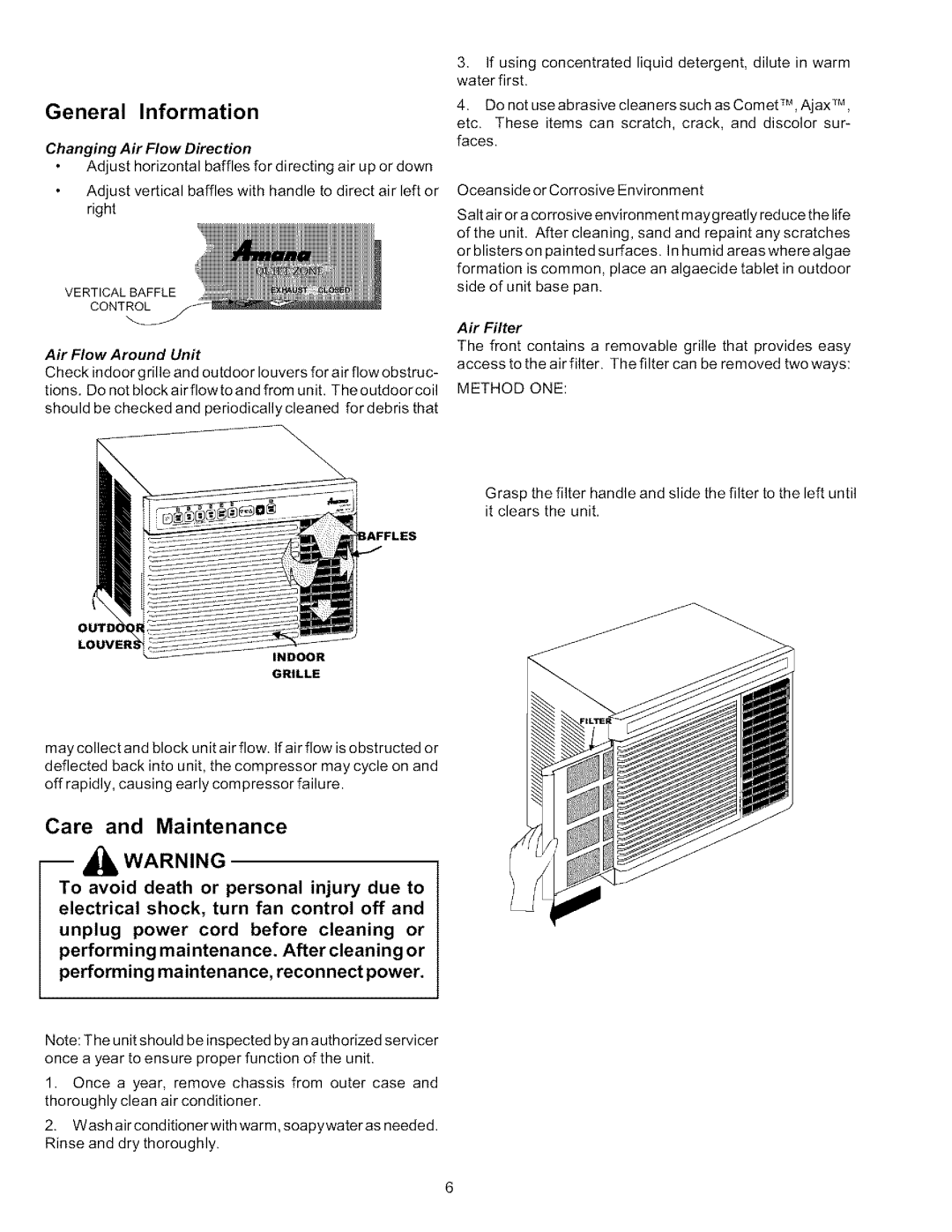 Amana 7M11TA General Information, Care and Maintenance, Changing Air Flow Direction, Air Flow Around Unit, Air Filter 