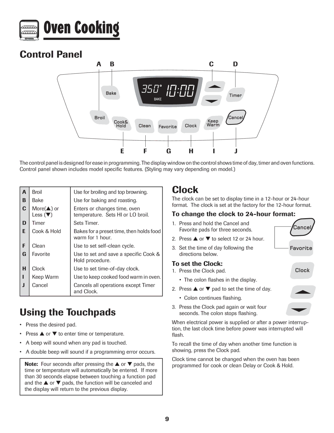 Amana 8113P454-60 warranty Oven Cooking, Control Panel, Using the Touchpads, Clock, Bc D G H I J 