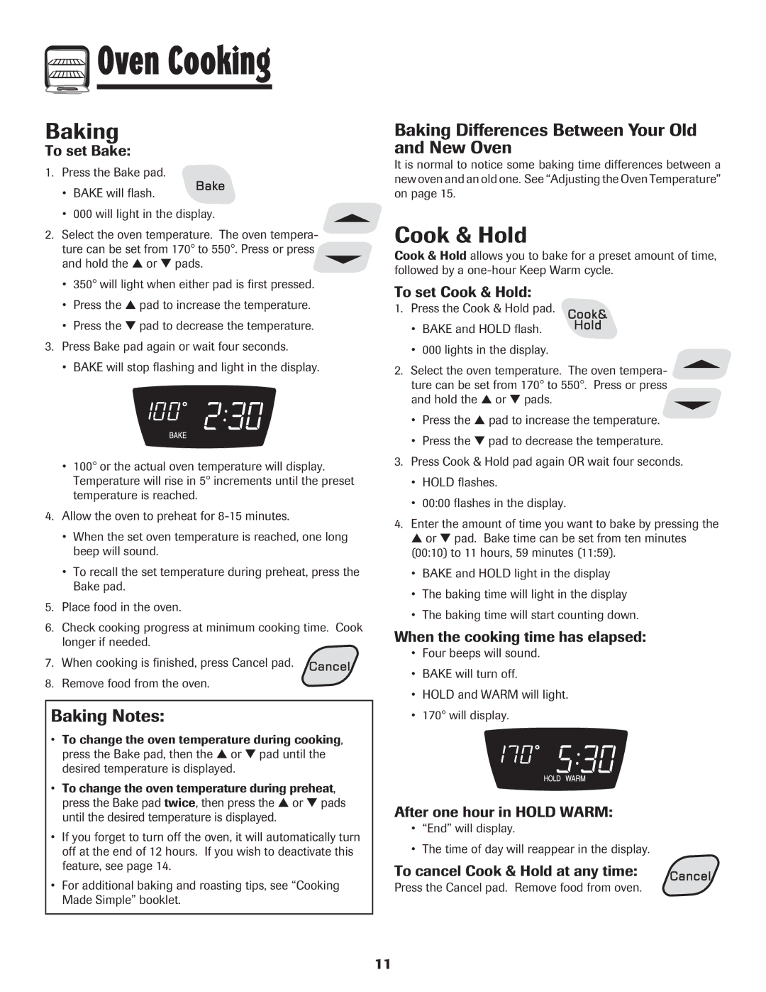 Amana 8113P454-60 warranty Cook & Hold, Baking Notes, Baking Differences Between Your Old and New Oven 