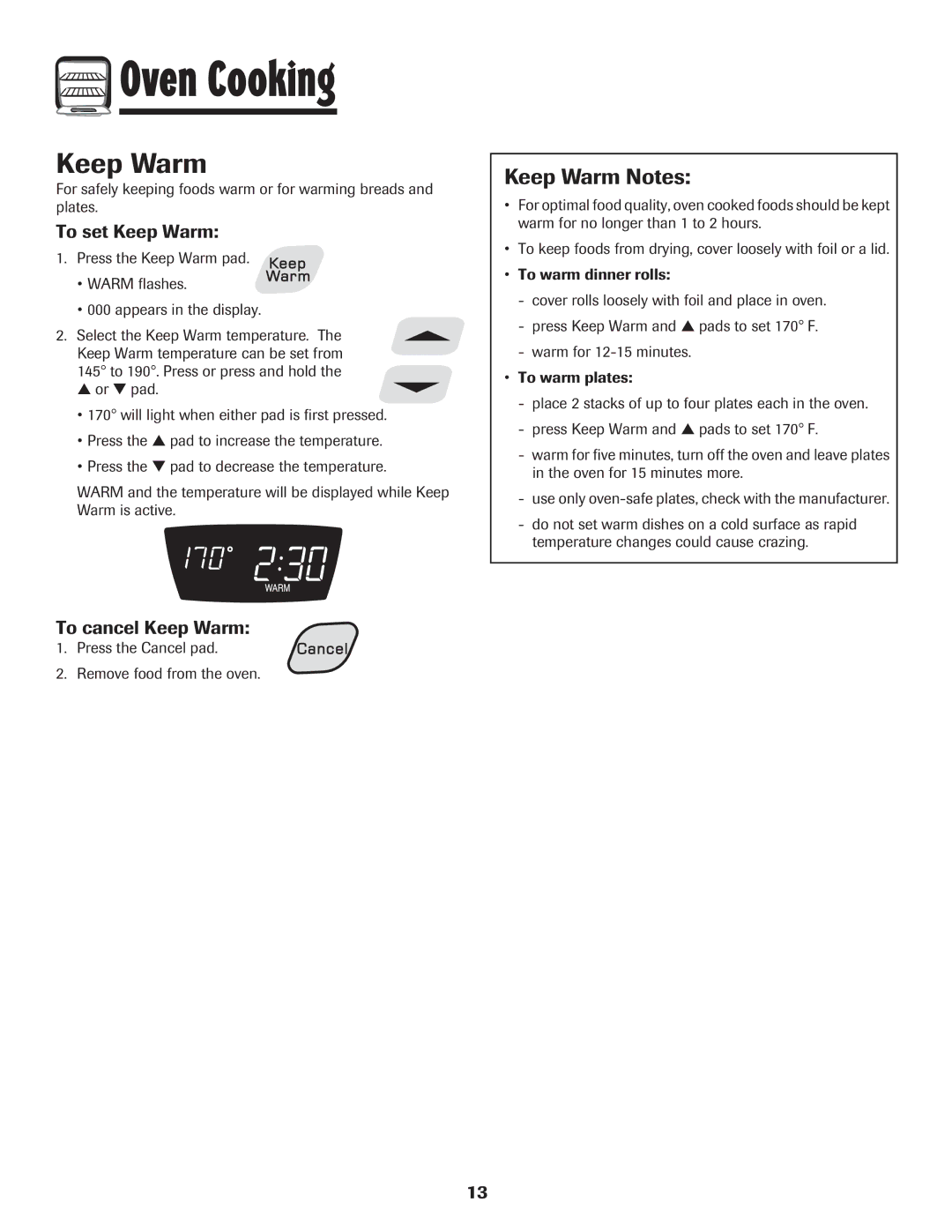 Amana 8113P454-60 warranty Keep Warm Notes, To set Keep Warm, To cancel Keep Warm 