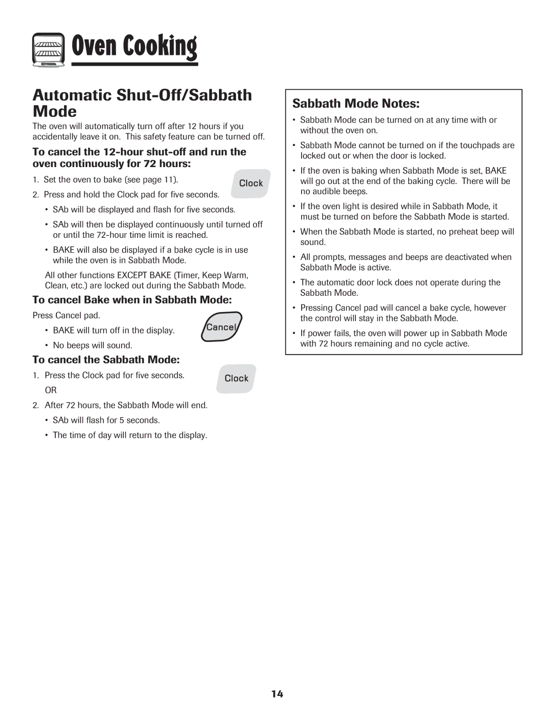 Amana 8113P454-60 warranty Automatic Shut-Off/Sabbath Mode, Sabbath Mode Notes, To cancel Bake when in Sabbath Mode 