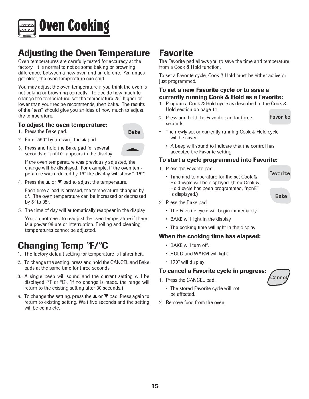 Amana 8113P454-60 warranty Adjusting the Oven Temperature, Changing Temp F/C, Favorite 