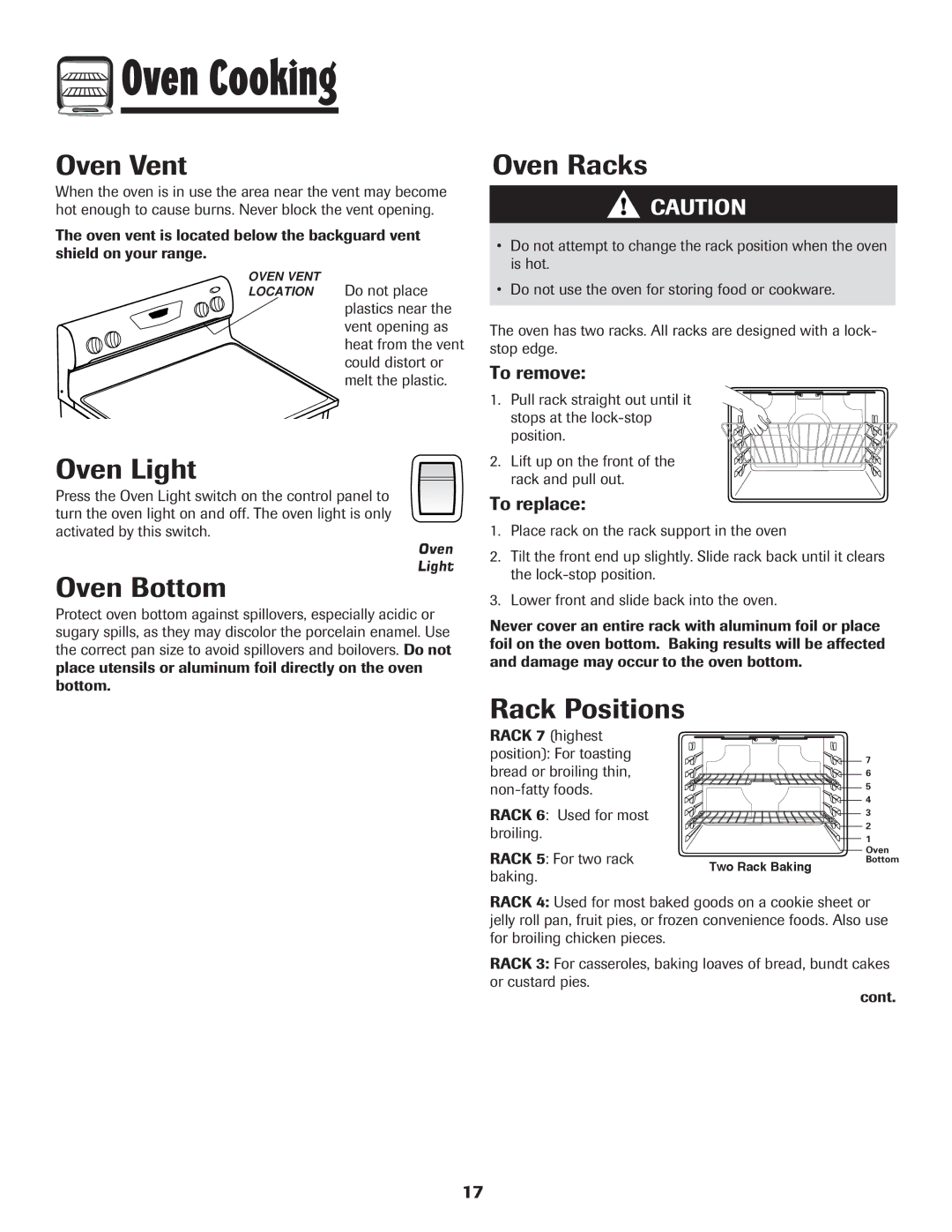 Amana 8113P454-60 warranty Oven Vent, Oven Light, Oven Bottom, Oven Racks 