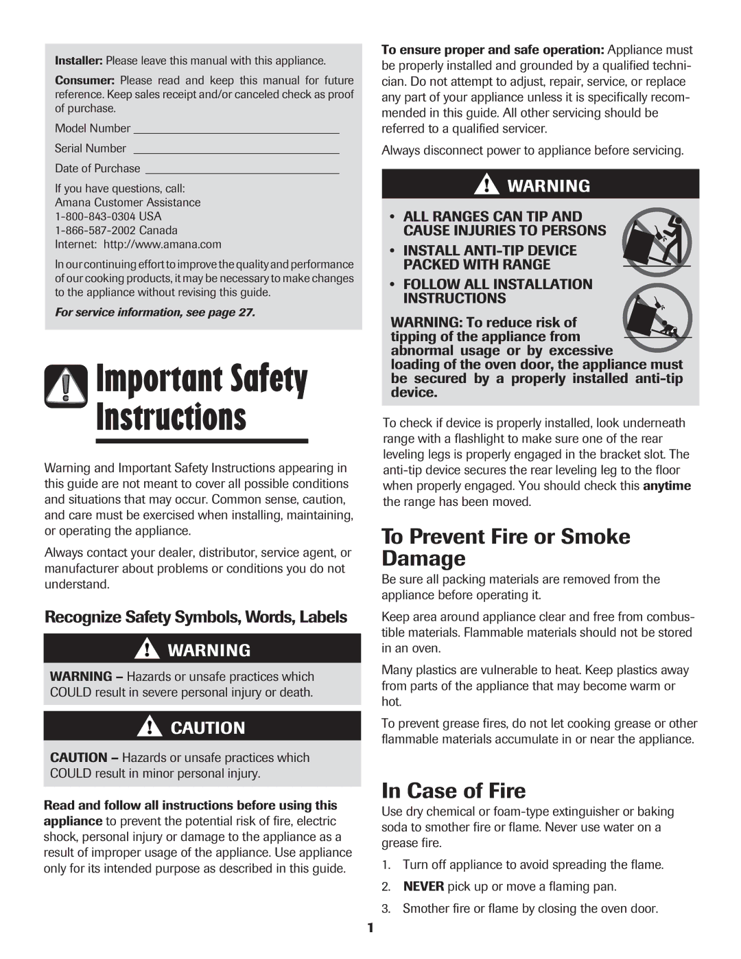 Amana 8113P454-60 Instructions, To Prevent Fire or Smoke Damage, Case of Fire, Recognize Safety Symbols, Words, Labels 