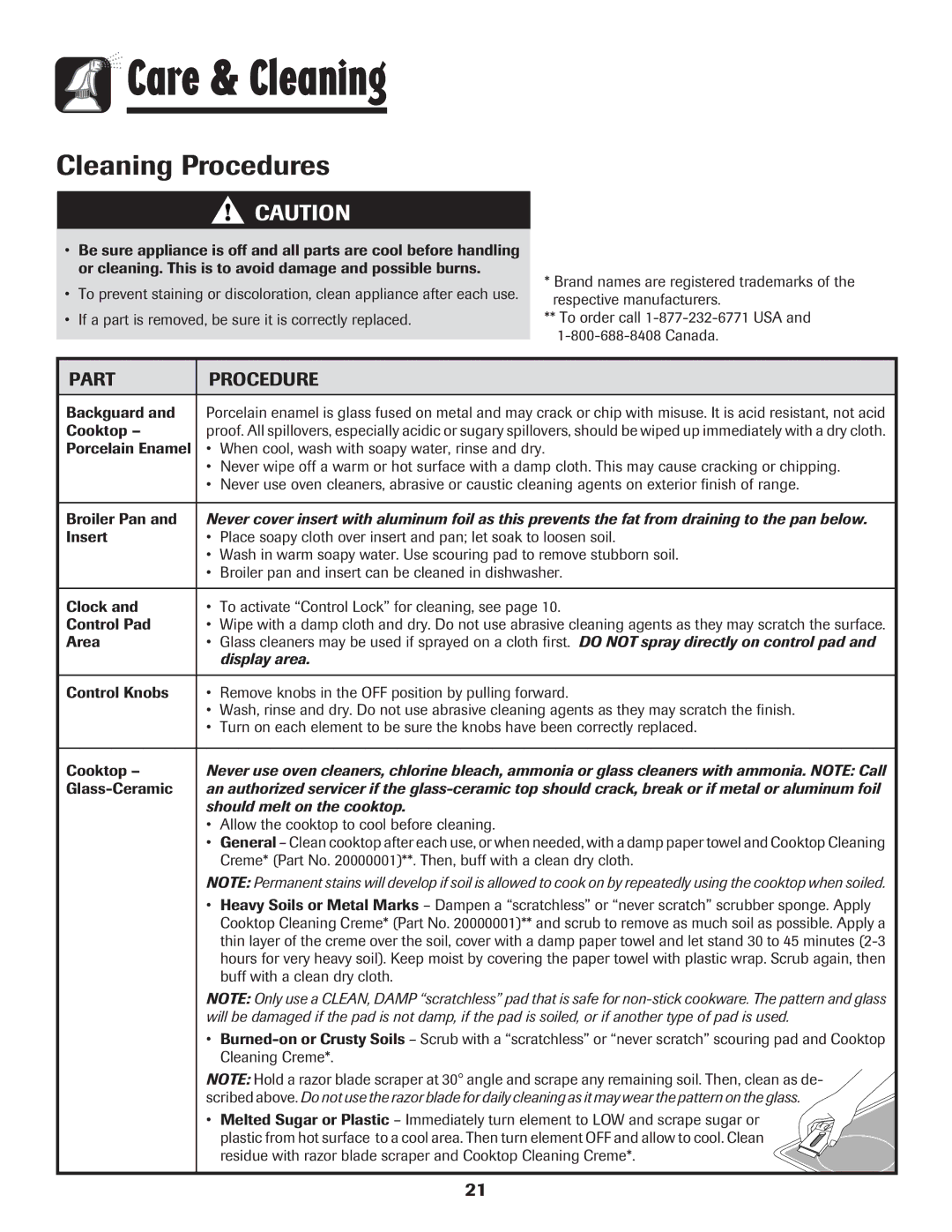 Amana 8113P454-60 warranty Care & Cleaning, Cleaning Procedures, Part Procedure 