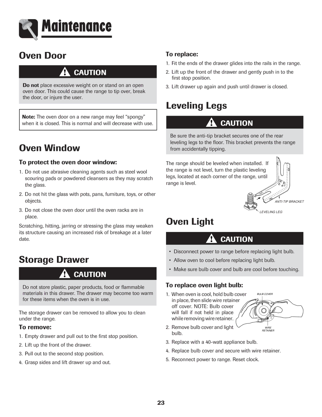 Amana 8113P454-60 warranty Maintenance, Oven Window, Storage Drawer, Leveling Legs 