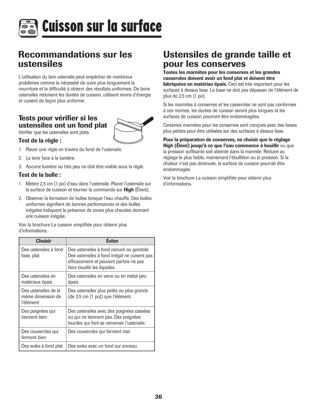 Amana 8113P454-60 Recommandations sur les ustensiles, Ustensiles de grande taille et pour les conserves, Test de la règle 