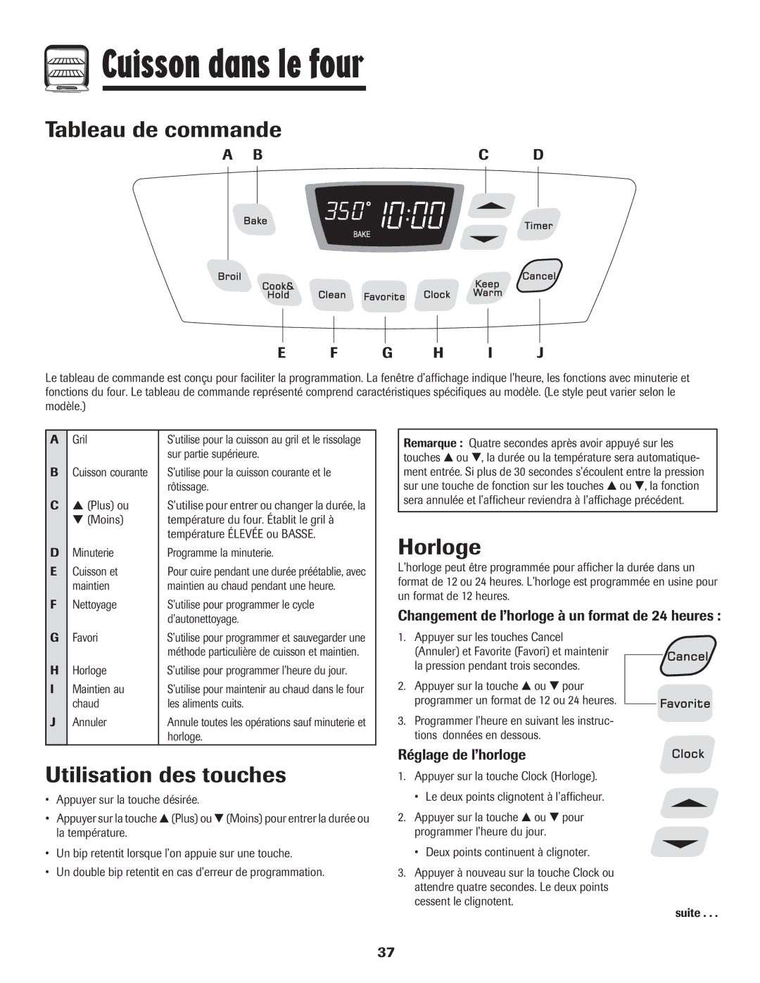 Amana 8113P454-60 warranty Cuisson dans le four, Tableau de commande, Utilisation des touches, Horloge 