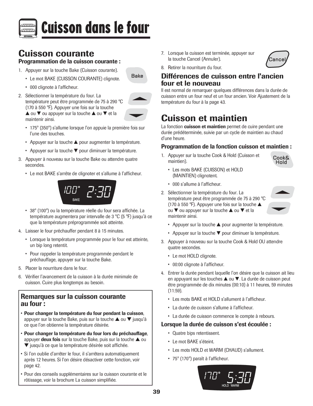 Amana 8113P454-60 warranty Cuisson courante, Cuisson et maintien, Remarques sur la cuisson courante au four 