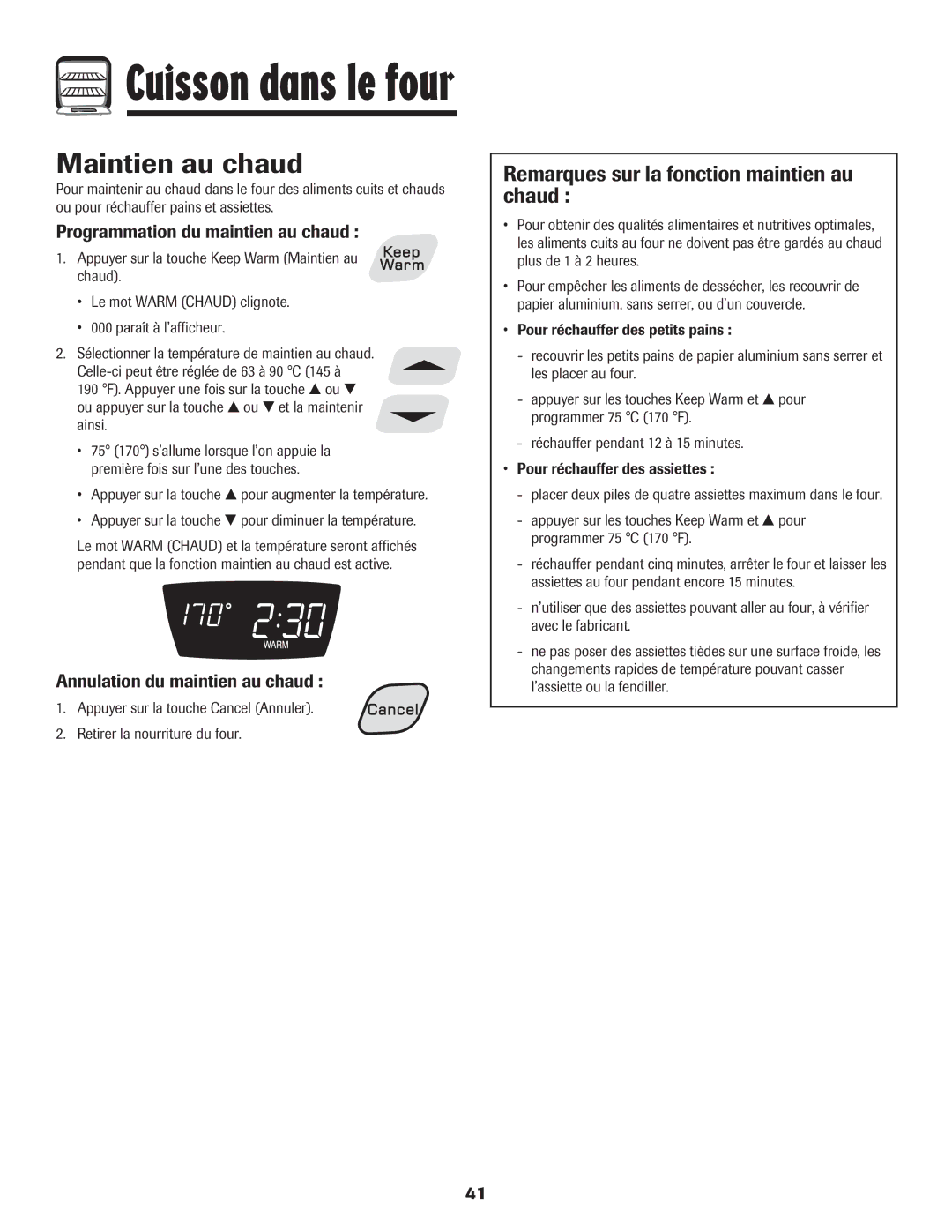 Amana 8113P454-60 Maintien au chaud, Remarques sur la fonction maintien au chaud, Programmation du maintien au chaud 