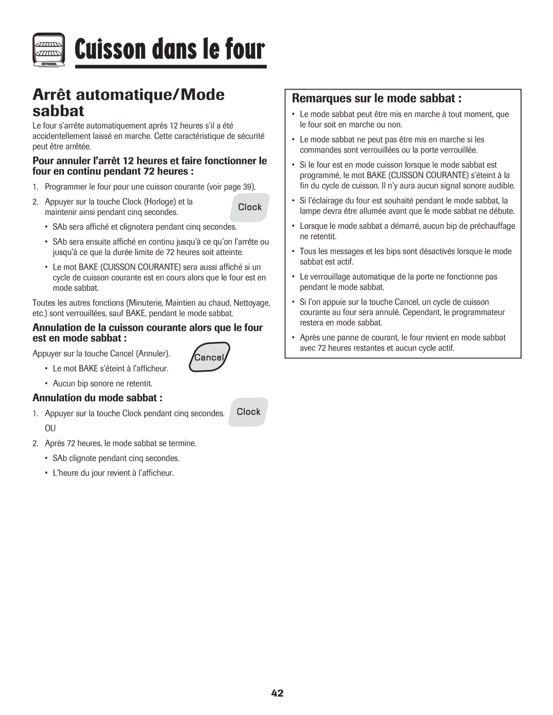 Amana 8113P454-60 warranty Arrêt automatique/Mode sabbat, Remarques sur le mode sabbat, Annulation du mode sabbat 