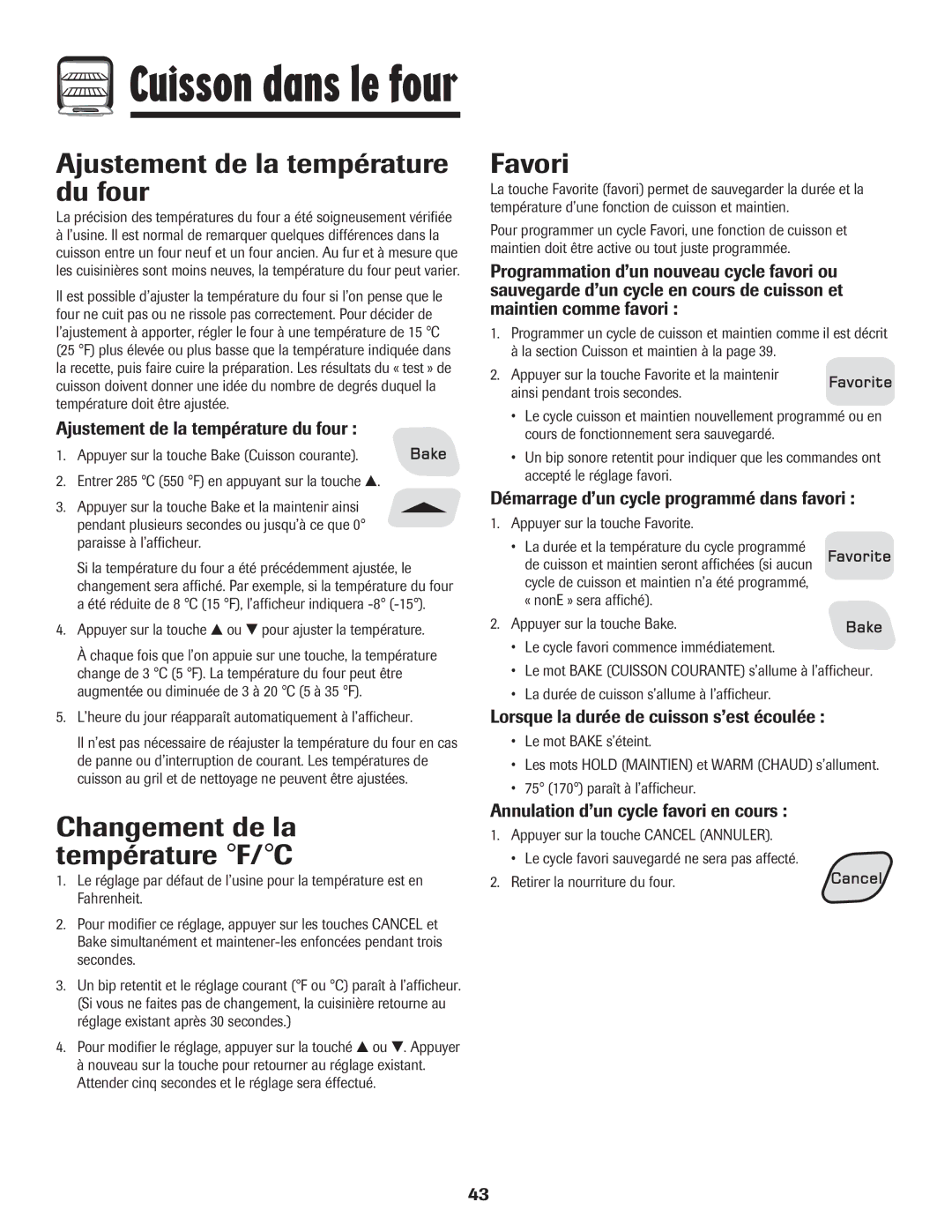 Amana 8113P454-60 warranty Ajustement de la température du four, Changement de la température F/C, Favori 