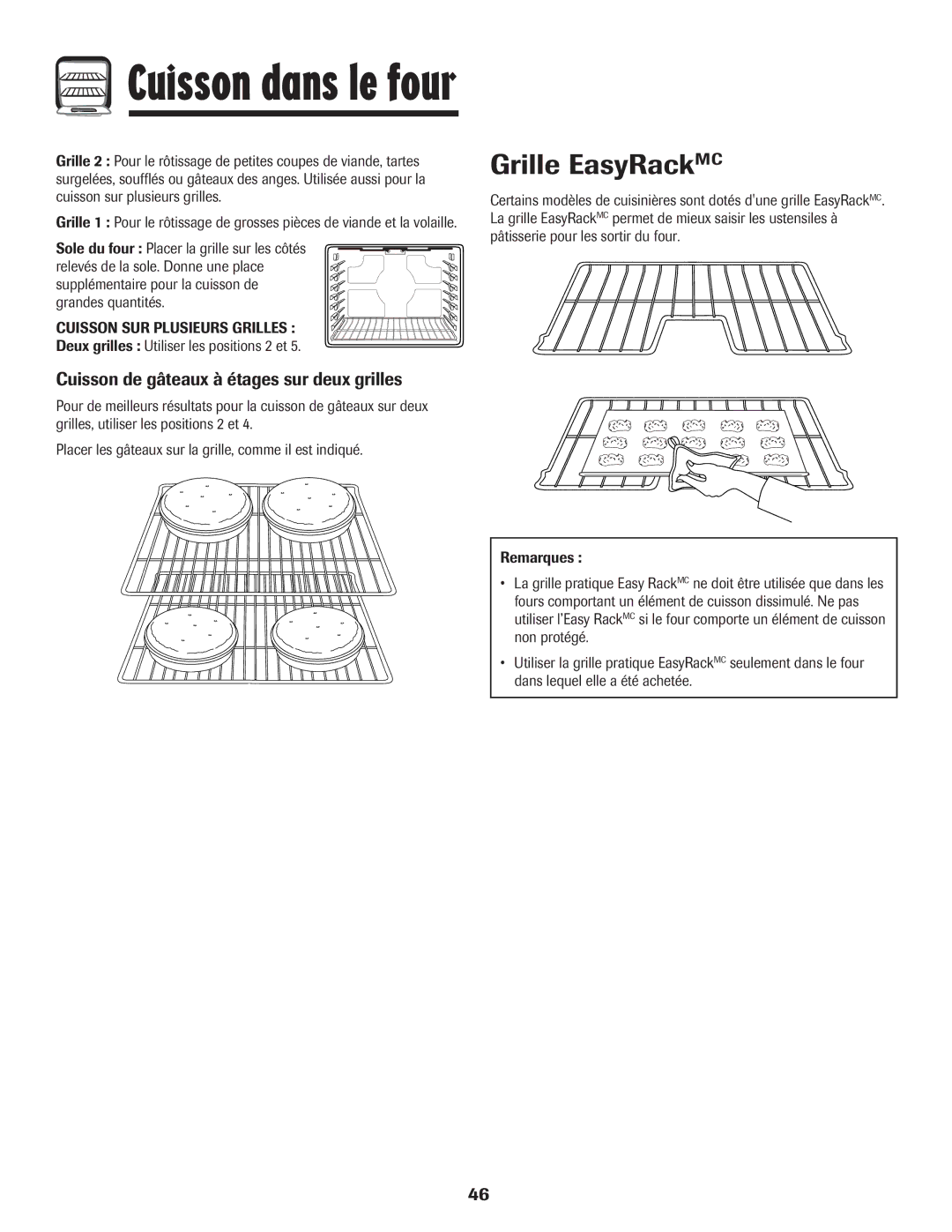 Amana 8113P454-60 warranty Grille EasyRackMC, Cuisson de gâteaux à étages sur deux grilles 