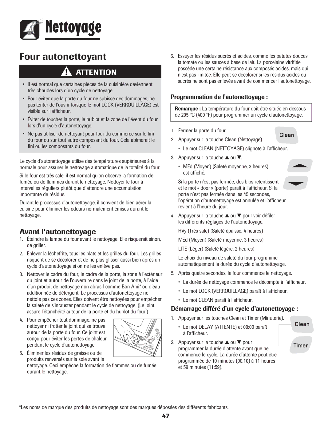 Amana 8113P454-60 Nettoyage, Avant l’autonettoyage, Programmation de l’autonettoyage, Pour empêcher tout dommage, ne pas 