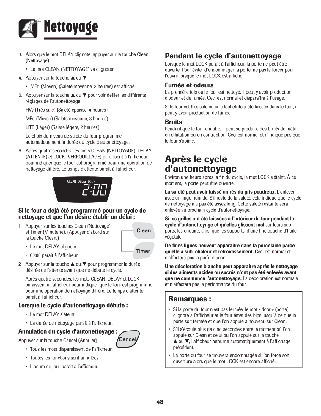 Amana 8113P454-60 warranty Après le cycle d’autonettoyage, Pendant le cycle d’autonettoyage, Remarques 